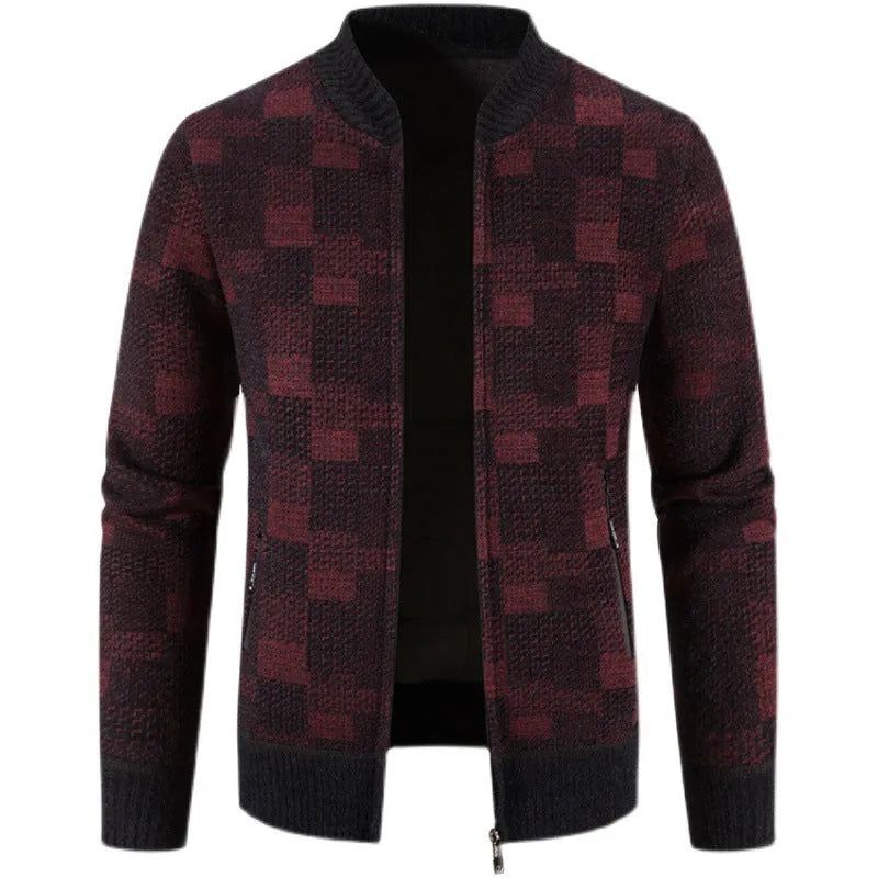 Men's fleece-lined thickened baseball collar plaid knitted cardigan in brown, slim fit, winter casual coat
