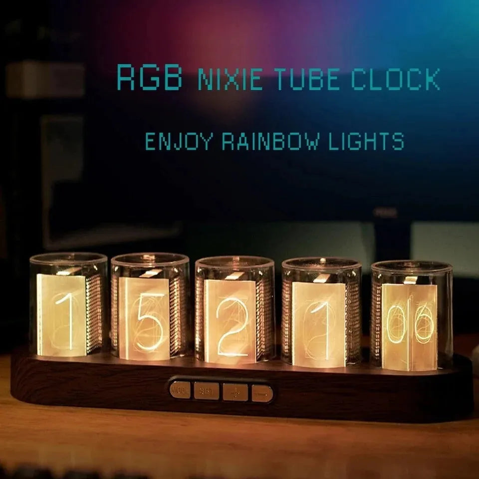 RGB Luminotron LED digital clock showing colourful display on desk with USB cable