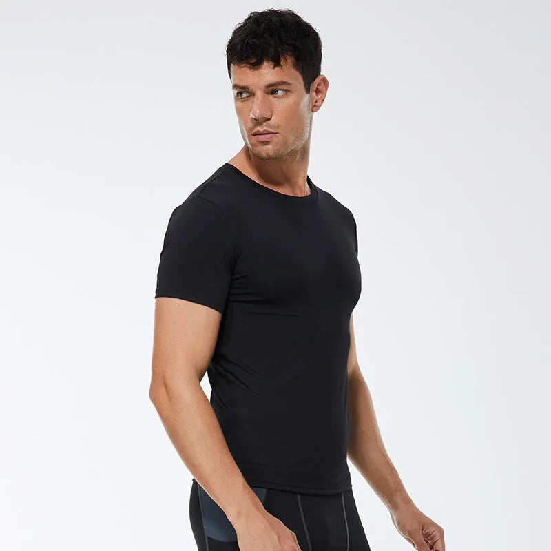 Men's stretch quick-drying short-sleeved fitness shirt in solid colours