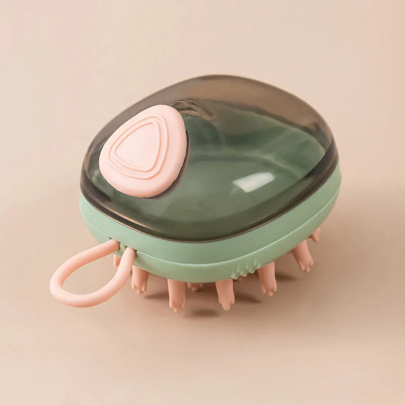 Blue pet grooming brush with integrated shampoo dispenser and silicone bristles for dogs and cats