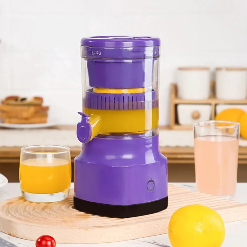 Purple USB rechargeable electric citrus juicer with detachable cone and 400 ml container.