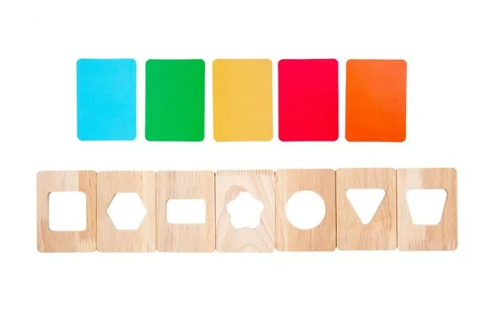 Wooden early education geometry puzzle with colour shape matching, trolley design, on a white background