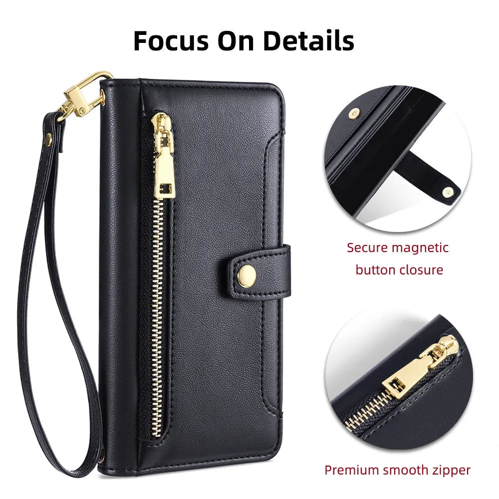 Black TPU leather flip phone case with card slot and magnetic closure for Samsung S24 Ultra