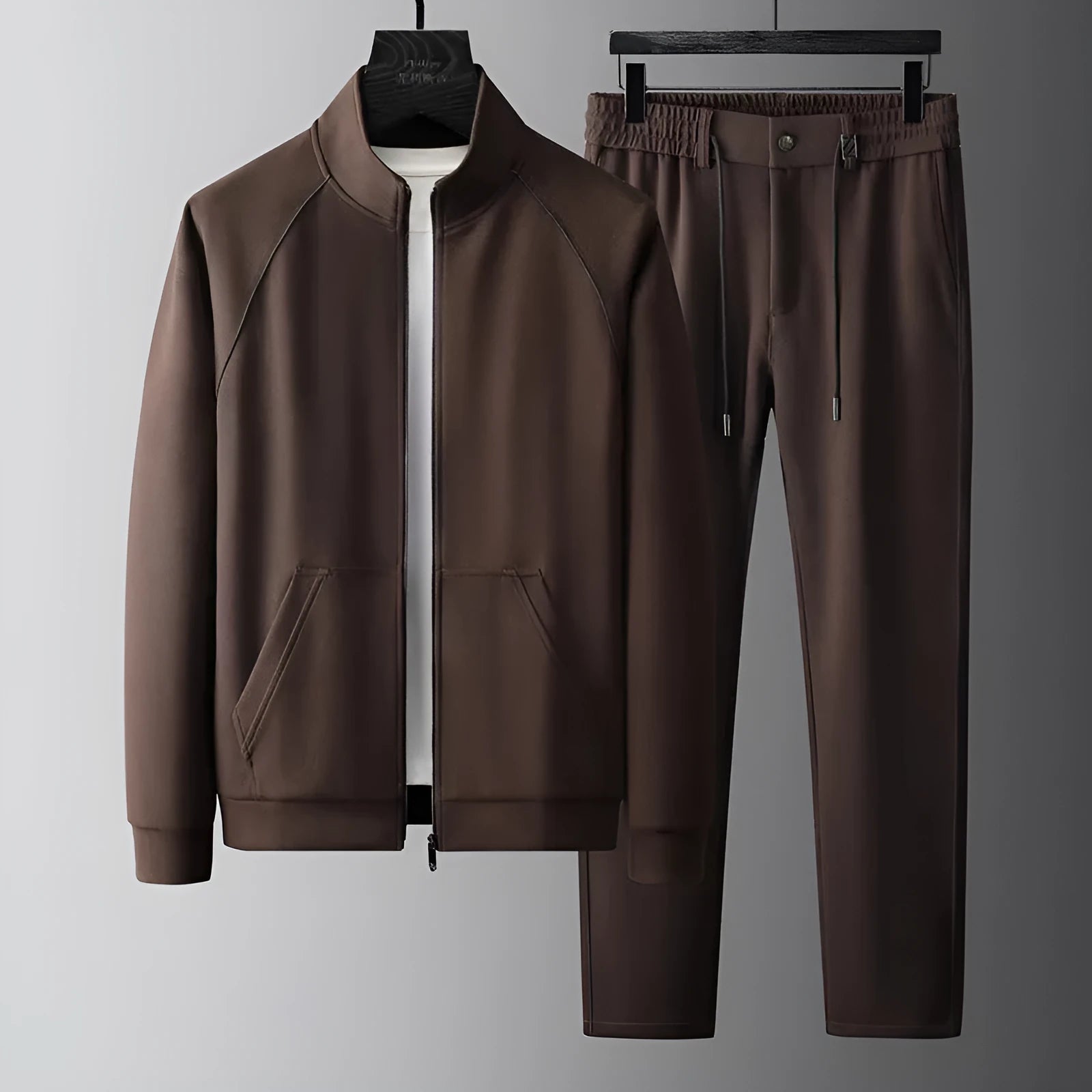 Stand collar casual sports suit set in Vinylon fabric, showing coat and trousers in slim Asian fit.