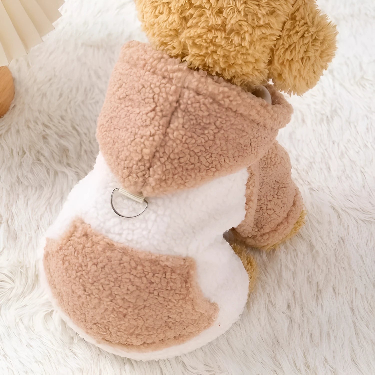 A brown hooded cotton-padded coat for a dog, shown from the side.