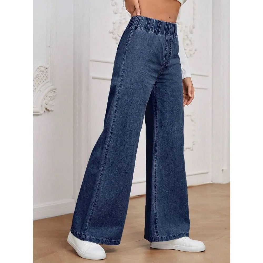 Light blue washed wide-leg denim trousers on a hanger, showing straight cut and mid-rise waist.