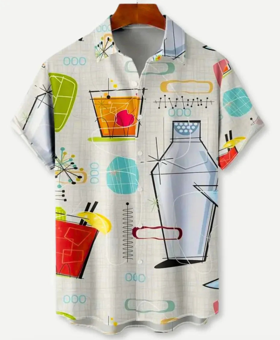 Hawaiian style short sleeve shirt with lapel collar and floral digital print, made from elastic polyester fabric.