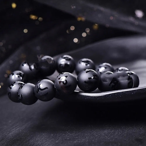 Natural frosted black agate Sanskrit mantra bracelet with Chinese style auspicious patterns
