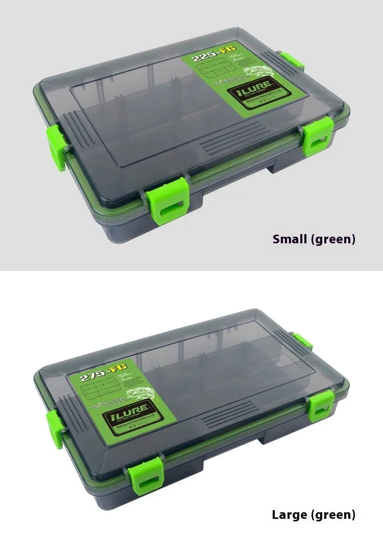 Blue waterproof PP plastic fishing lure storage box with lid open, showing compartments.