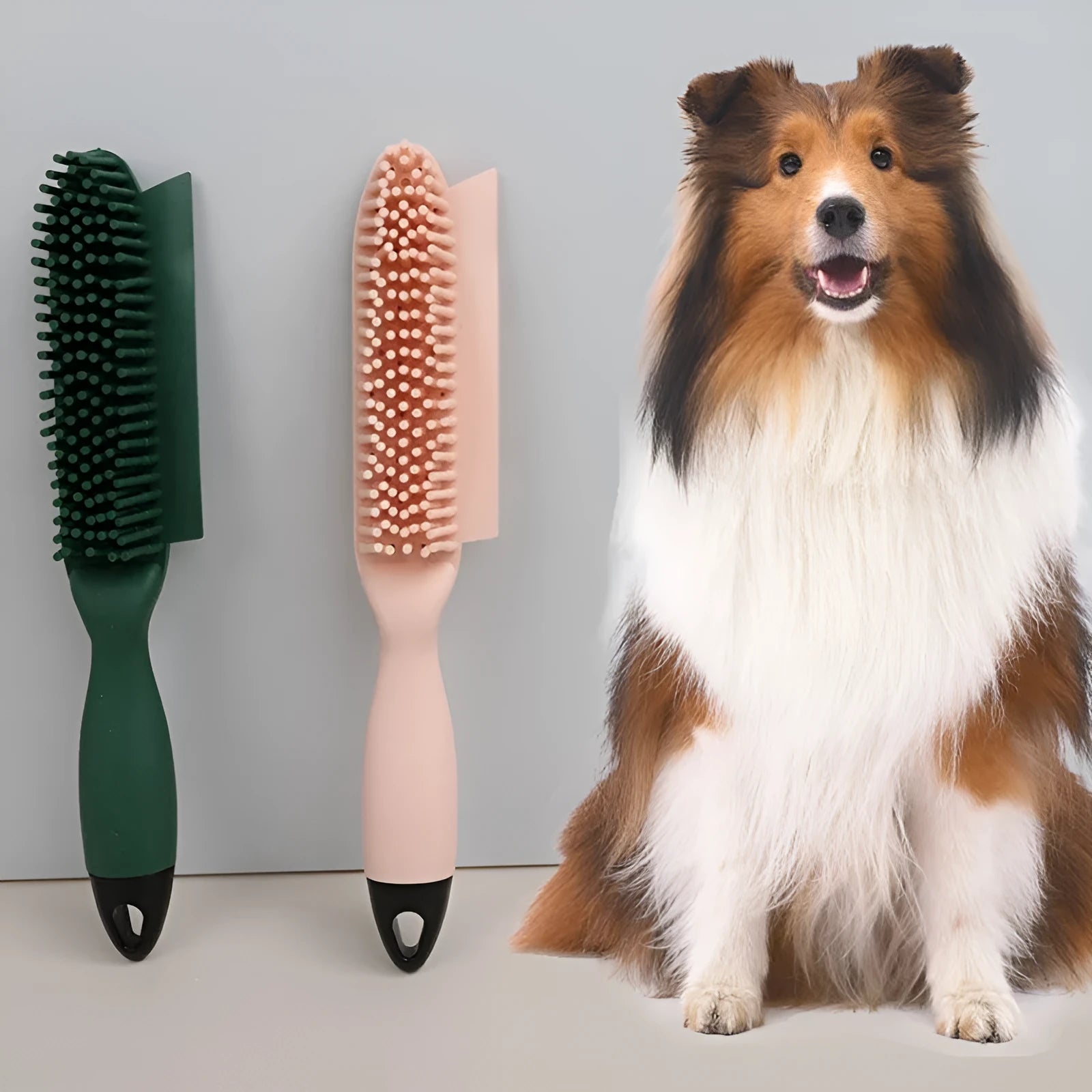 Green silicone pet hair remover brush with plastic handle on a fabric sofa