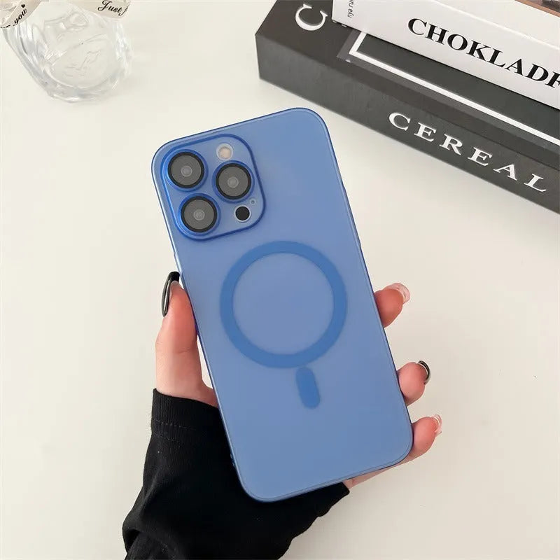 Ice Mist coloured magnetic frosted all-inclusive case for Apple iPhone on a table.