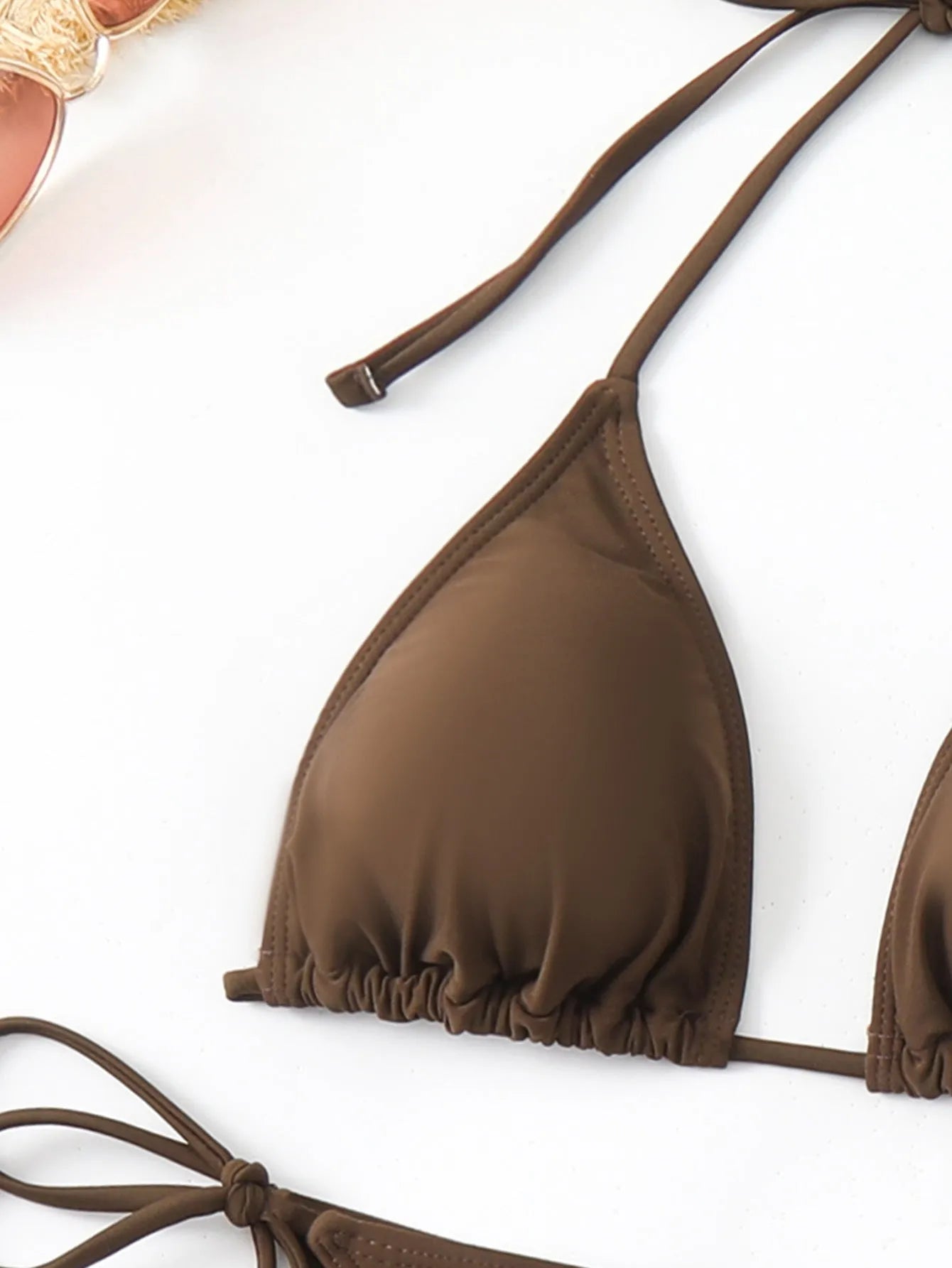 Brown women's three-piece bikini swimsuit set with bra shorts and blouse