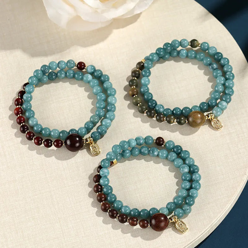 Blue New Chinese style beaded bracelet for women with Fu and Xi characters.
