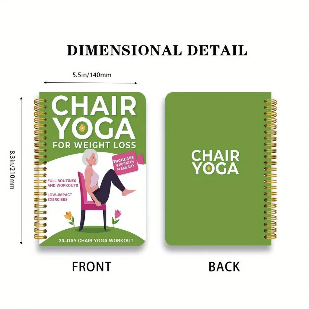 Green coil-bound 30-day chair yoga training notebook open to daily plan page
