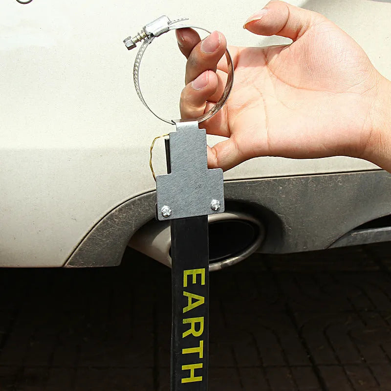 Black car electrostatic grounding belt with 370mm rubber-coated copper chain for static discharge.