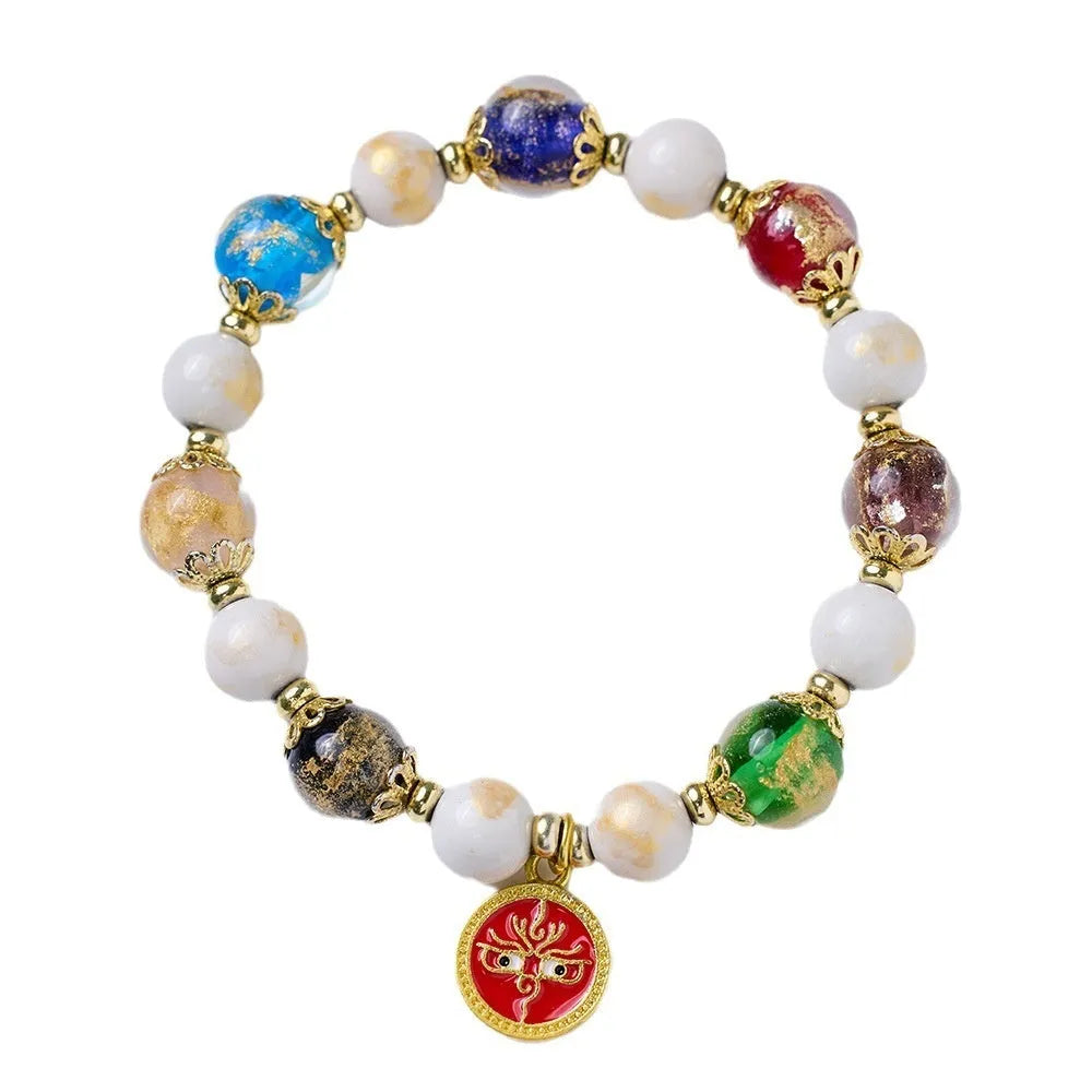 Handmade fragrant gray porcelain bracelet with Five Gods of Wealth motif and 10mm geometric beads