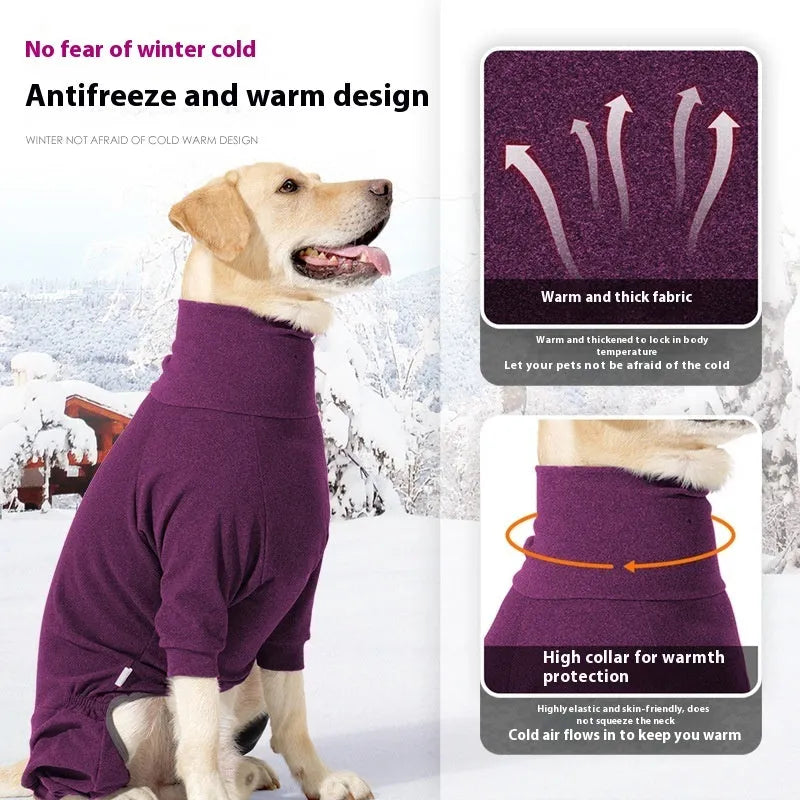 Polar fleece dog clothes with high collar in dark grey colour, showing four-legged design