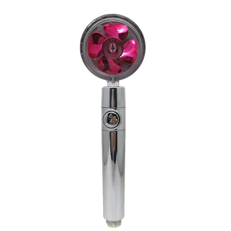 Blue handheld shower head with stop button and turbo nozzle on a chrome bracket.