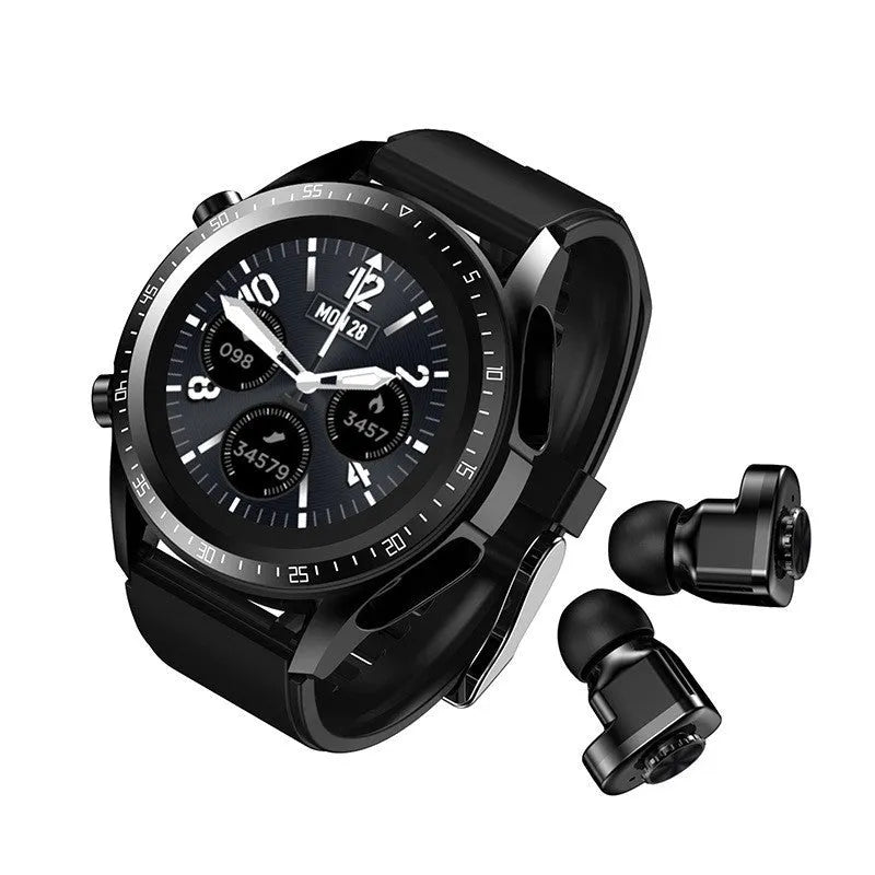 Black smart watch with blood pressure monitoring on silicone strap showing health metrics display