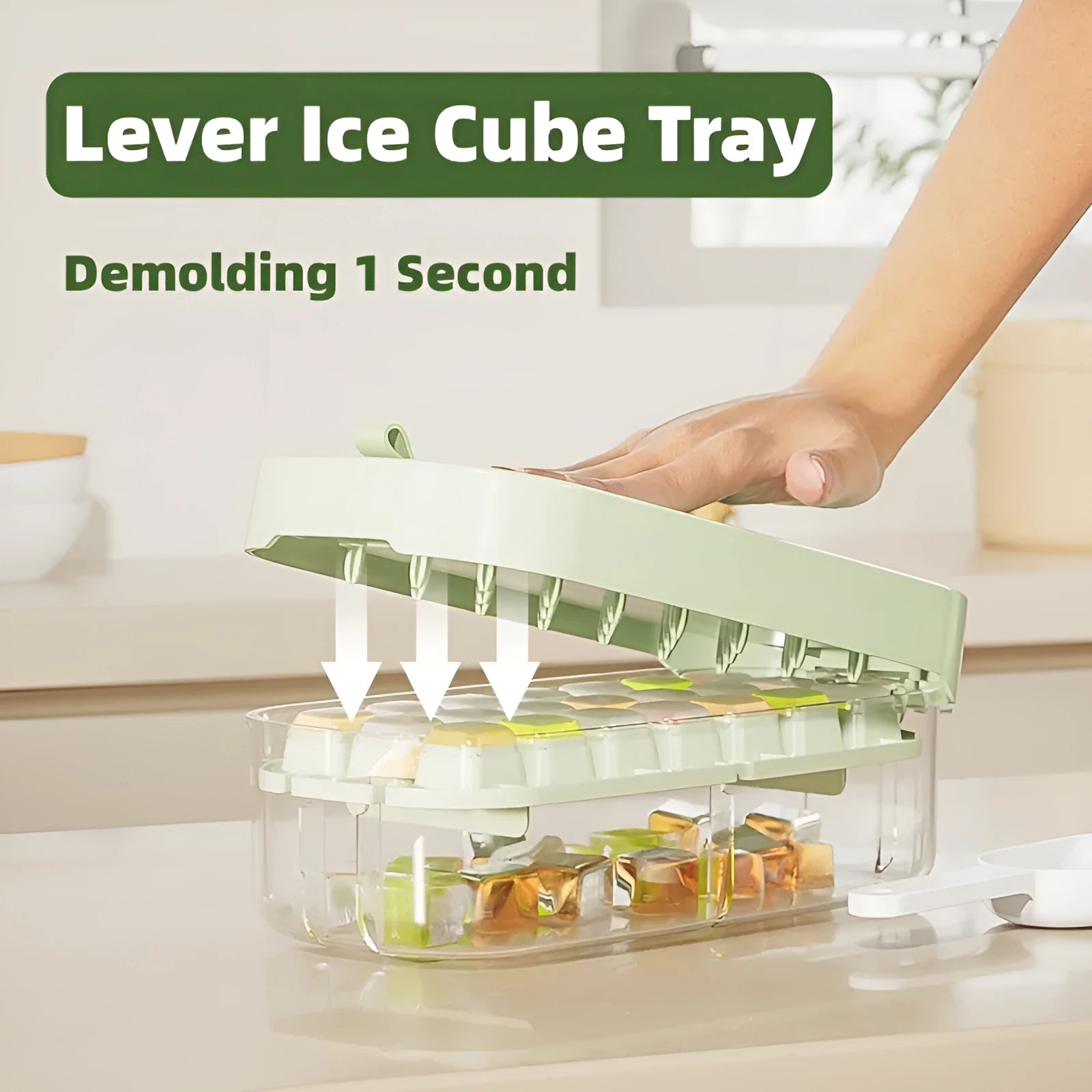 A high-capacity blue ice cube tray with a leverage-action lid and a stored ice shovel.