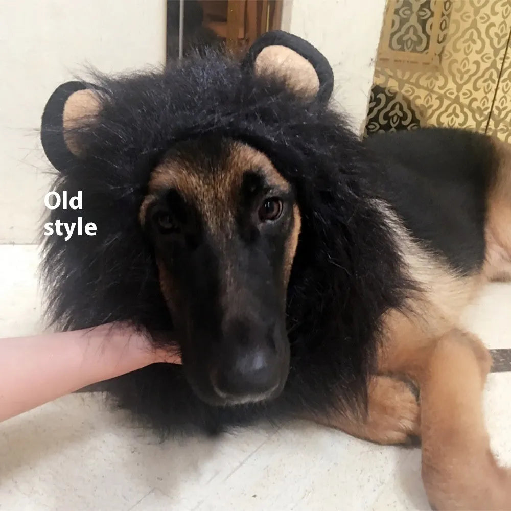 Pet dog wearing lion head cover costume with realistic fur in choice of black, light brown or red brown colours