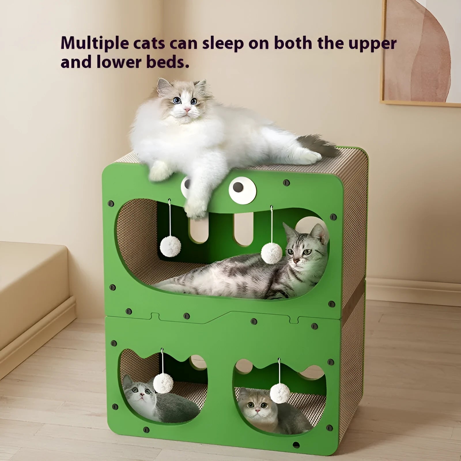 Wear-resistant cat scratching board attached to a double-layer enclosed cat nest in a cute owl design style.