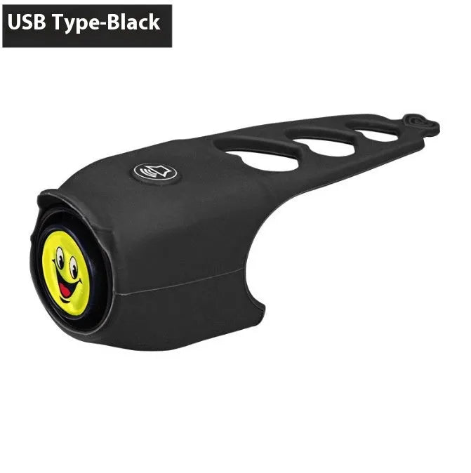 Bicycle electronic horn with plastic casing in multiple colours including black, green, purple on bicycle handlebars