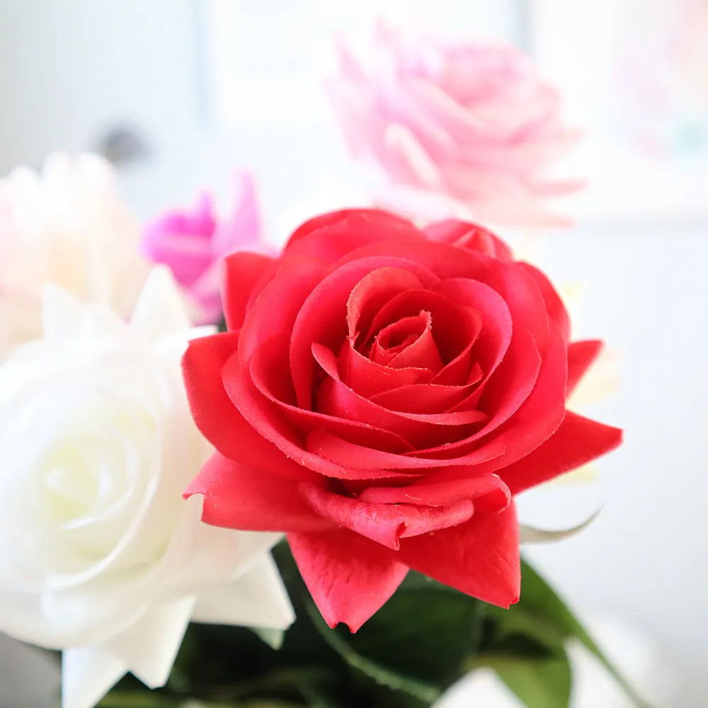 Artificial silk rose bouquet with 42cm length and 8.5cm flower head in multiple colour options