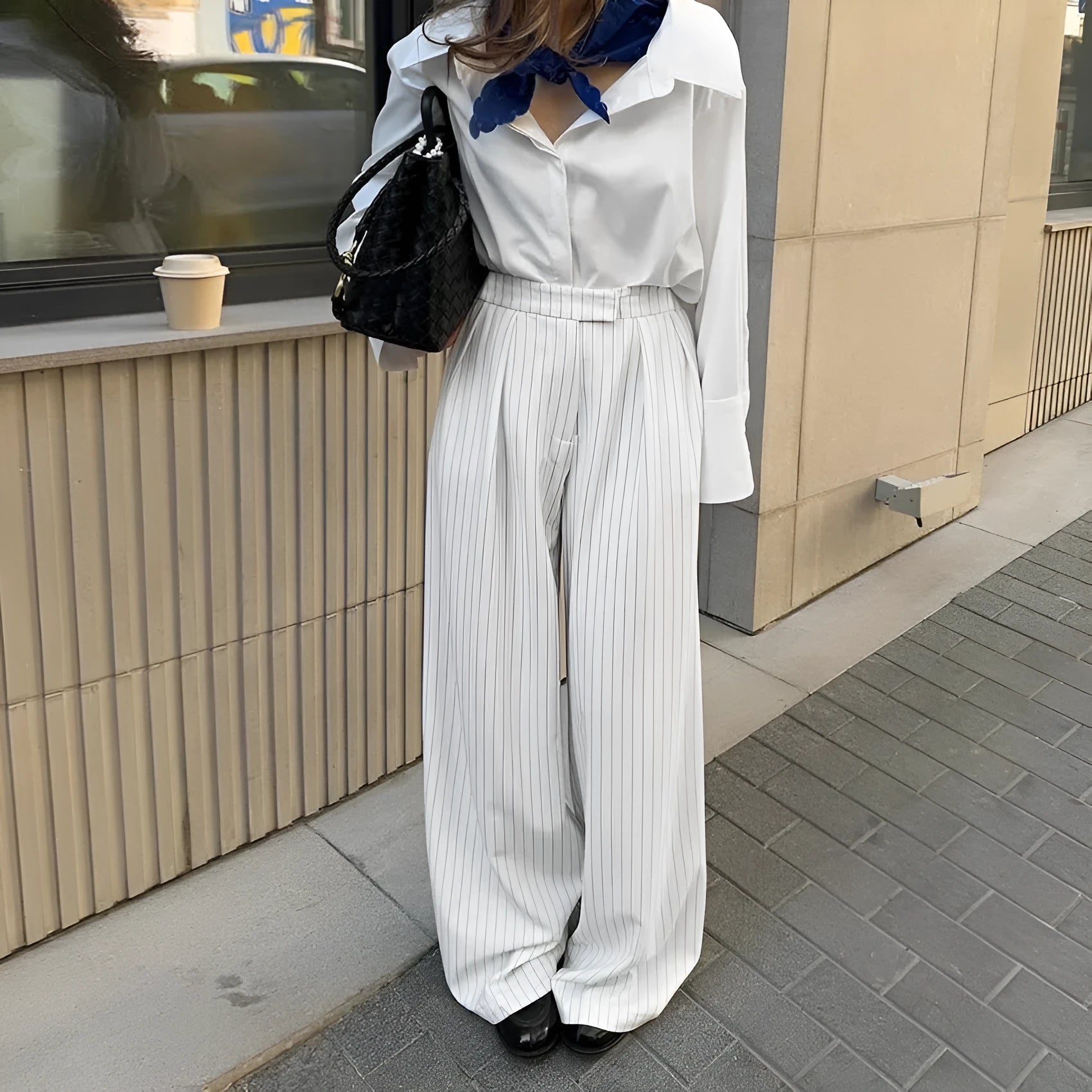 White striped loose casual wide-leg trousers with zipper detail for commuting