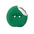 Green and yellow latex dog chew toy shaped like cartoon egg bread with a squeaker.