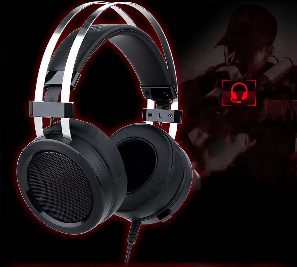 Black wired computer gaming headset with 3.5mm plug and long cable