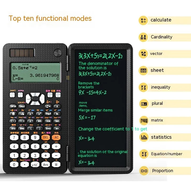 2-in-1 foldable scientific calculator with handwriting tablet in black ABS, showing LCD notepad and calculator keys
