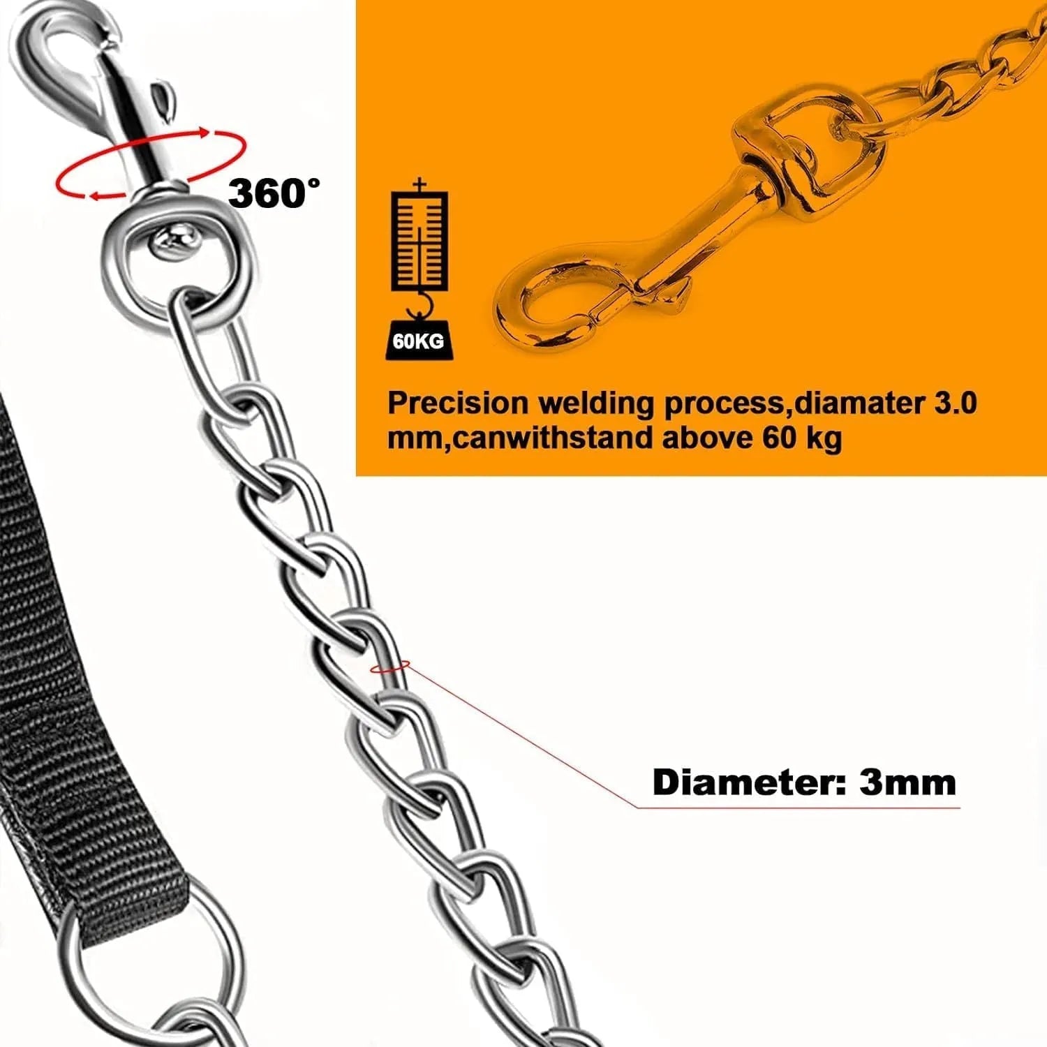Heavy duty metal dog leash with chew-proof chain and soft blue padded handle.