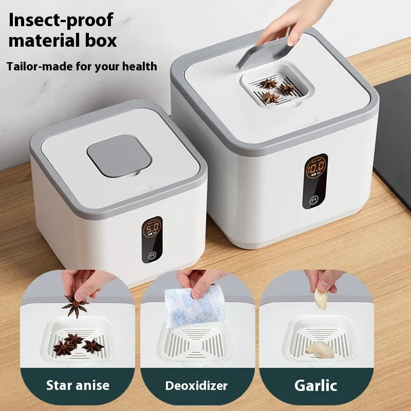 Grey plastic airtight rice storage jar with snap-lock lid and a measuring cup, shown in 10kg, 20kg, and 30kg size options.