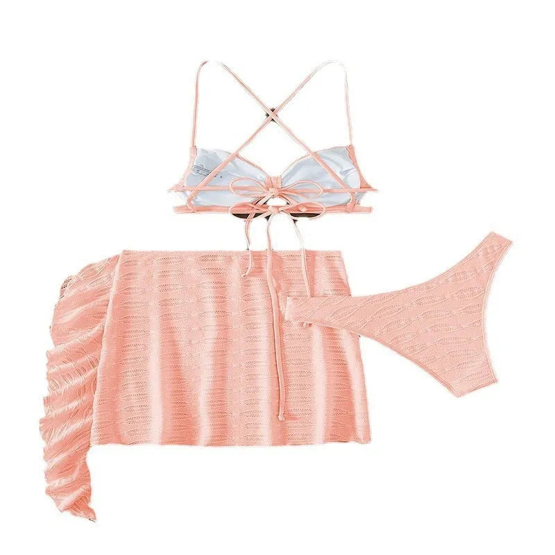 Women's lace-up bikini three-piece swimsuit set with skirt in light pink or rose red colours