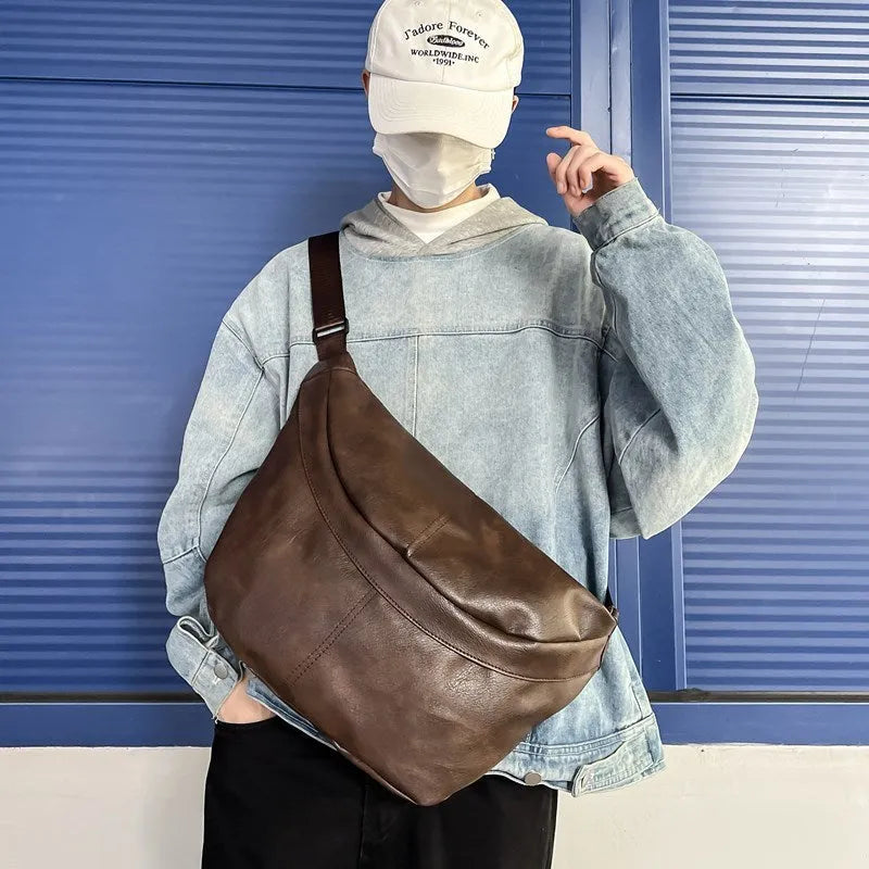 Brown men's retro-style crossbody bag made of PU leather with large capacity.