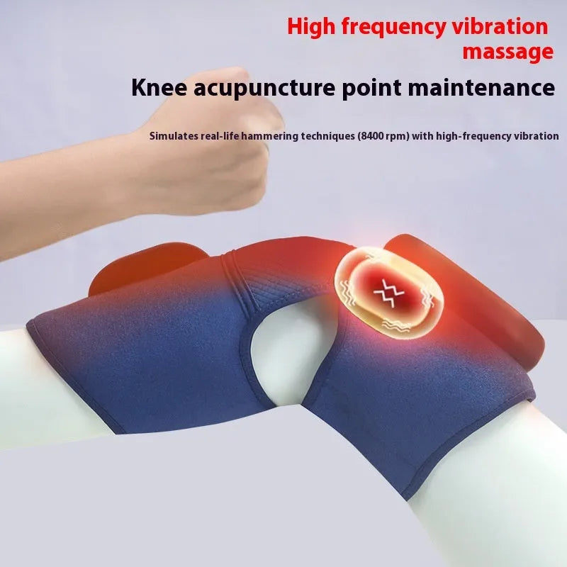 Blue self-heating knee massager with air pressure compression and vibration functions.
