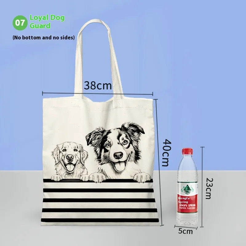 Cartoon cat print canvas shoulder bag with bottom and sides, simple modern style, loyal dog guard design
