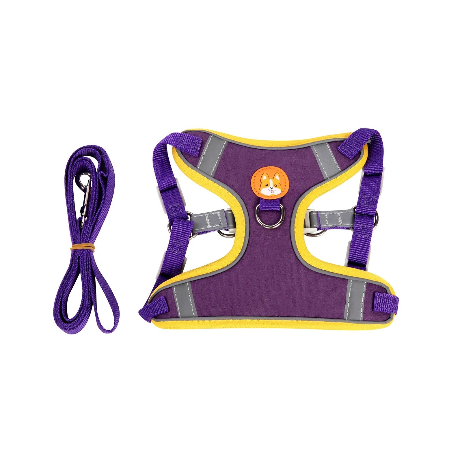 Purple adjustable dog vest harness with an attached haulage rope laid flat.