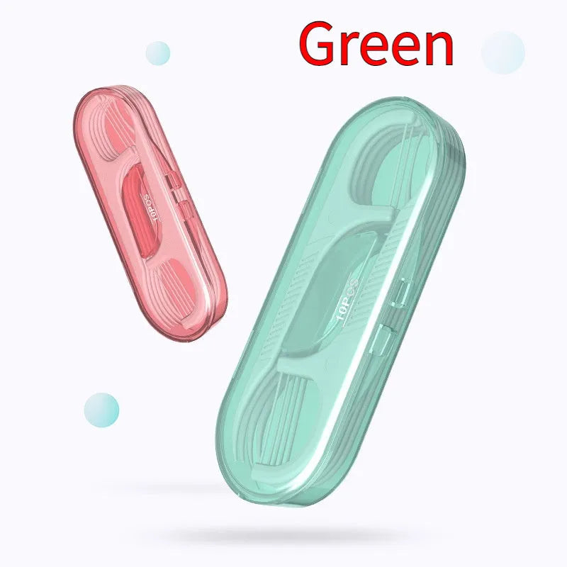Clear plastic bag containing 100 or 108 pieces of disposable high tensile dental floss.