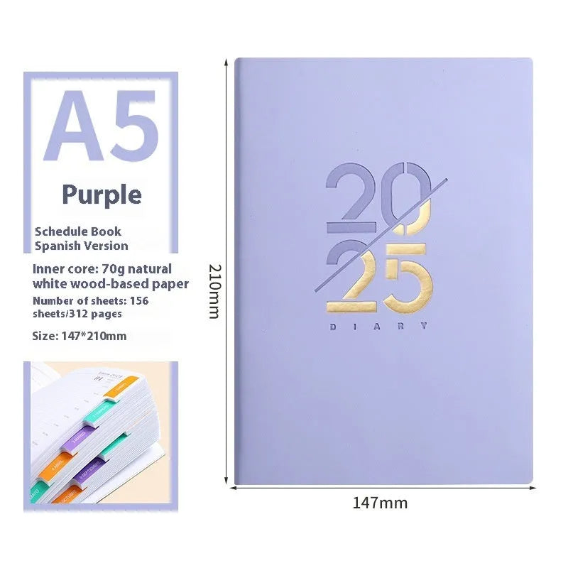 2025 A5 daily schedule book with soft faux leather cover, open to show weekly planner layout.