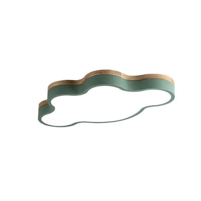 Modern wooden cloud-shaped LED ceiling lamp mounted on a white ceiling.