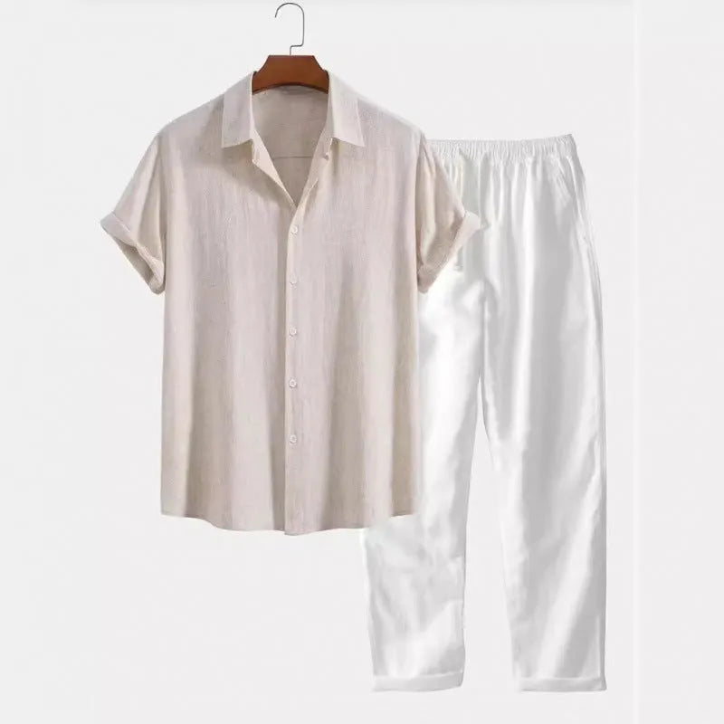 Men's loose fit linen casual suit set with short sleeve shirt and trousers in various colours