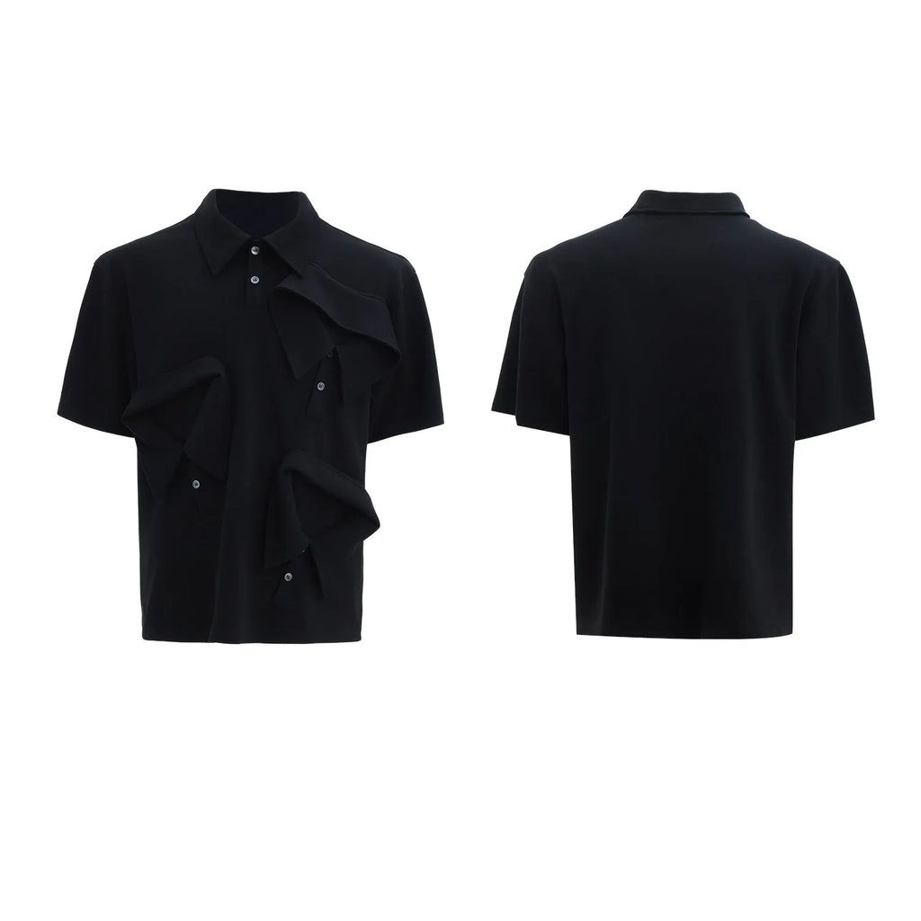 Men's black polo shirt with a deconstructed multi-collar design and geometric pattern detail.