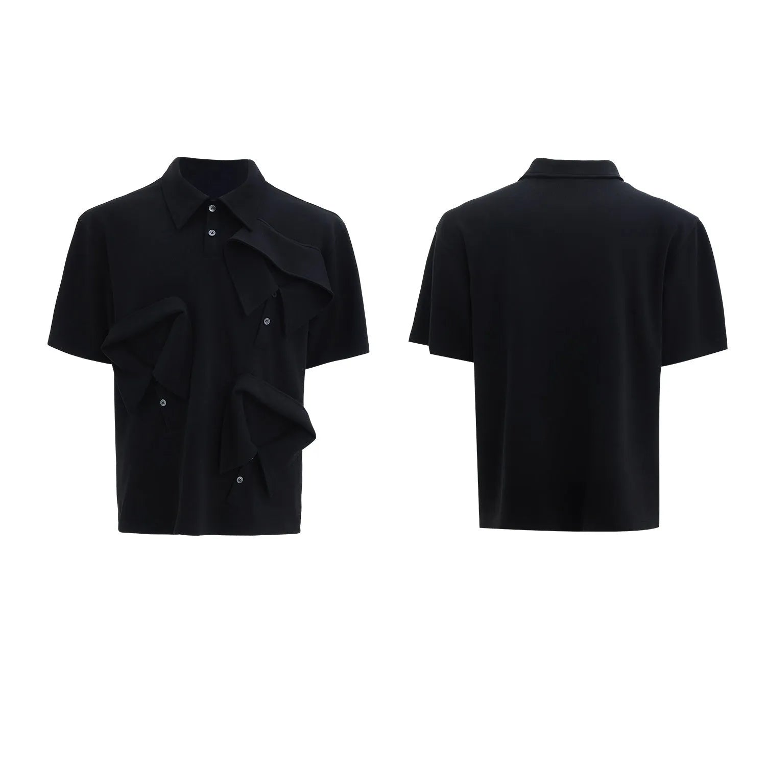 Men's black polo shirt with a deconstructed multi-collar design and geometric pattern detail.