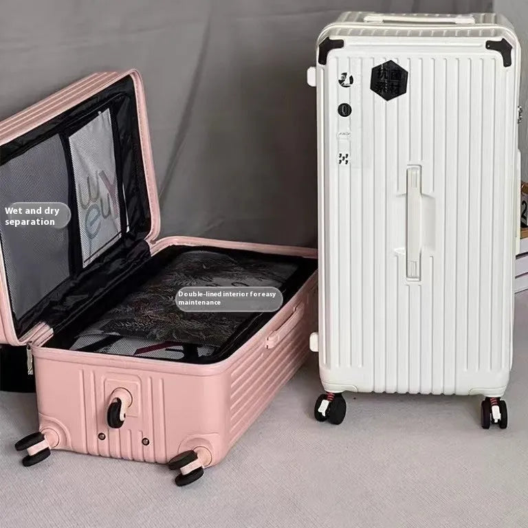 Five-wheel super large capacity traveling trolley case in Ivory White, ABS PC material, with antibacterial lining and brake wheel