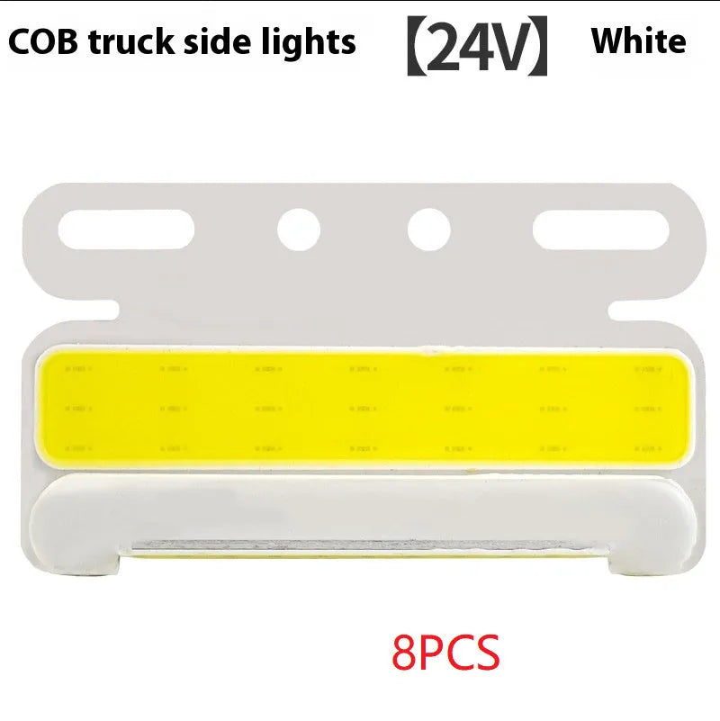 IP68 waterproof COB LED truck side light with aluminium alloy housing, shown in multiple colours.