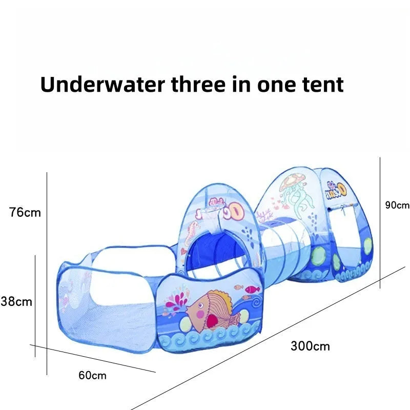 Three-in-one children's play tent set with inflatable ball pool and connecting tunnel in cartoon marine design