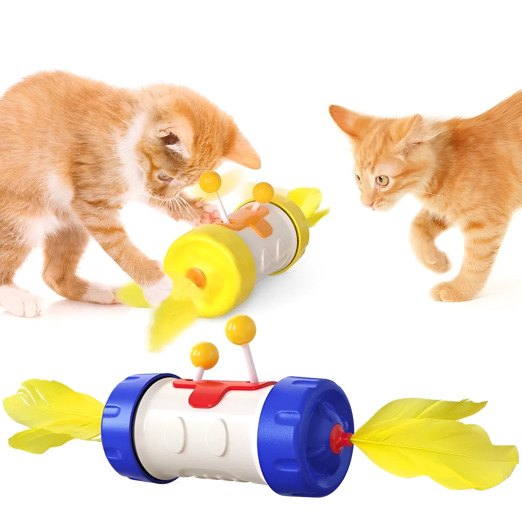 Cat toy set with stick pole, feather ball, and puzzle toy in assorted colours