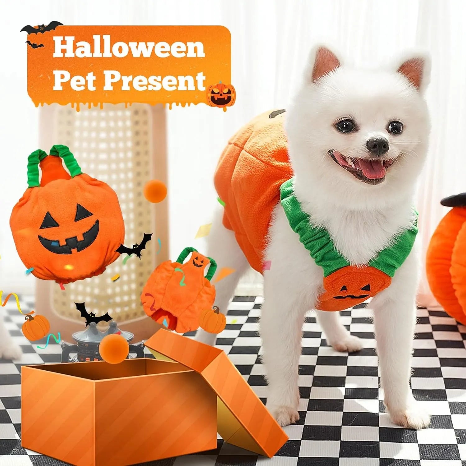 Orange pumpkin plush Halloween costume on small dog with pullover design and thickened shape